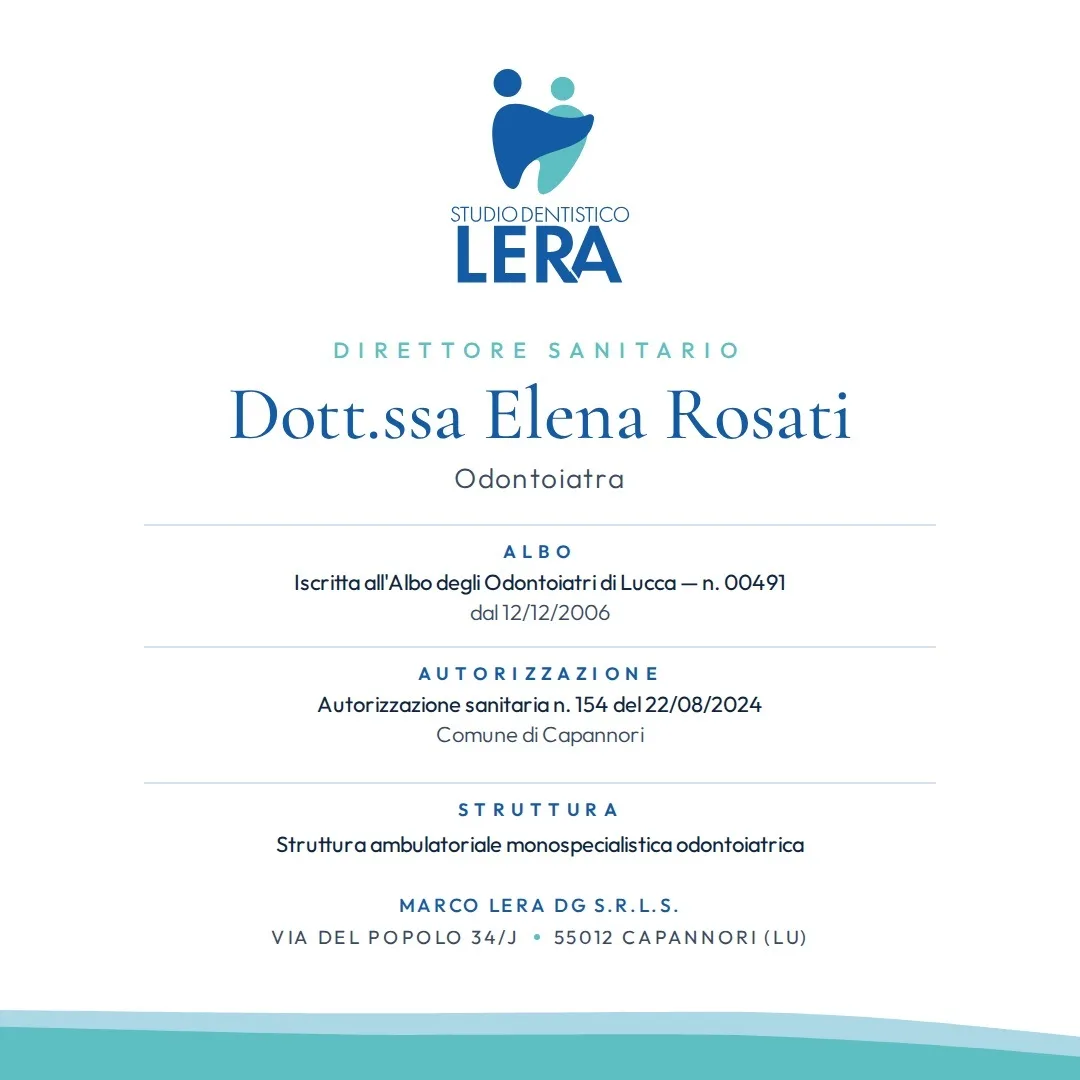 Card informativa della Dott.ssa Elena Rosati, Direttore Sanitario, con albo e autorizzazione sanitaria
