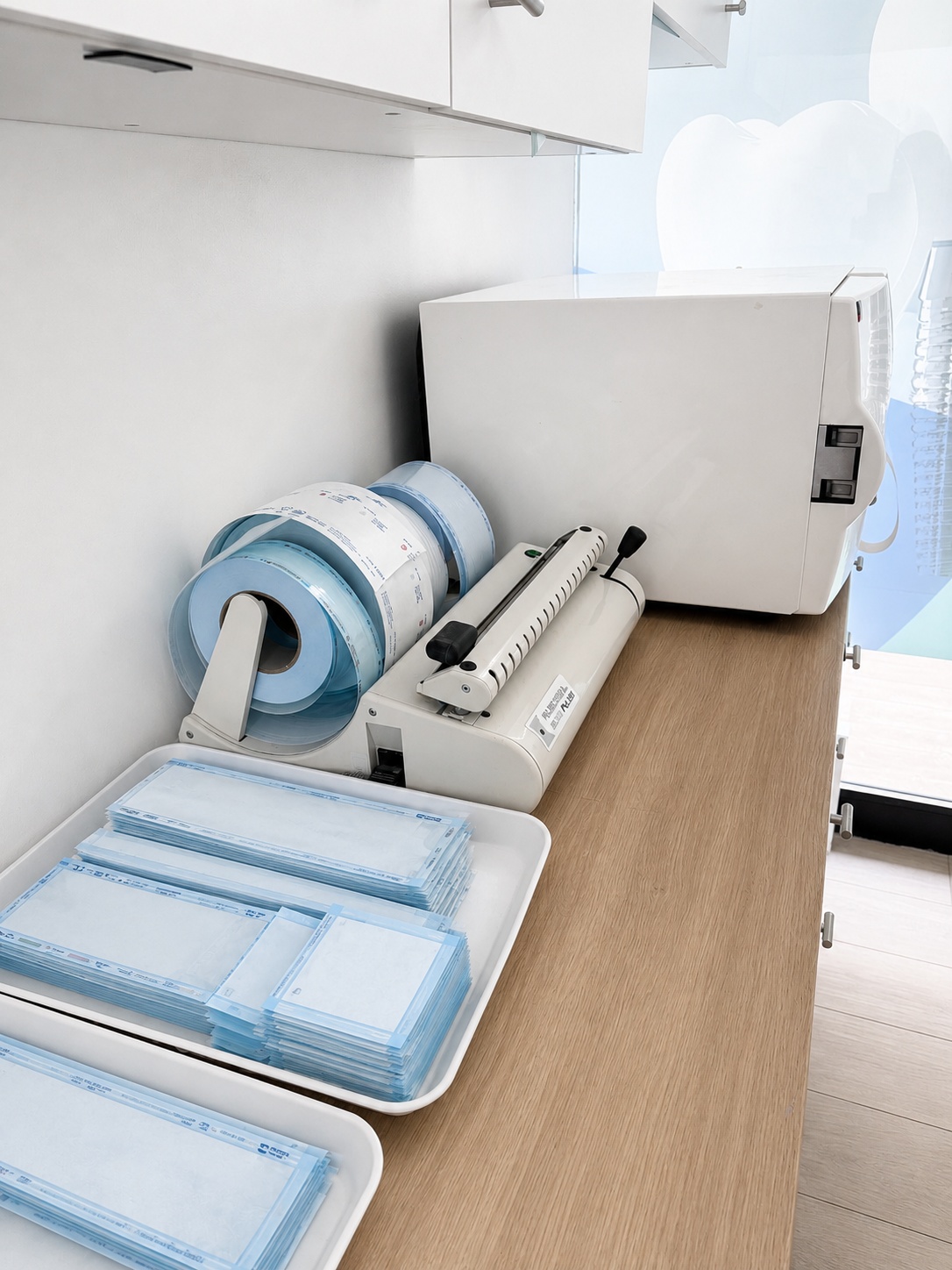 Postazione di sterilizzazione con imbustatrice, buste sigillate e autoclave